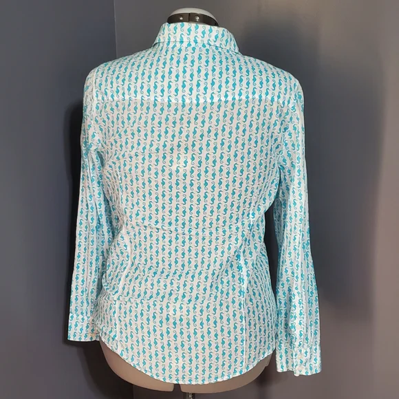 Crown & Ivy Turquoise Seahorse Long Sleeve Button Down Shirt Cotton Size L - Picture 4 of 7